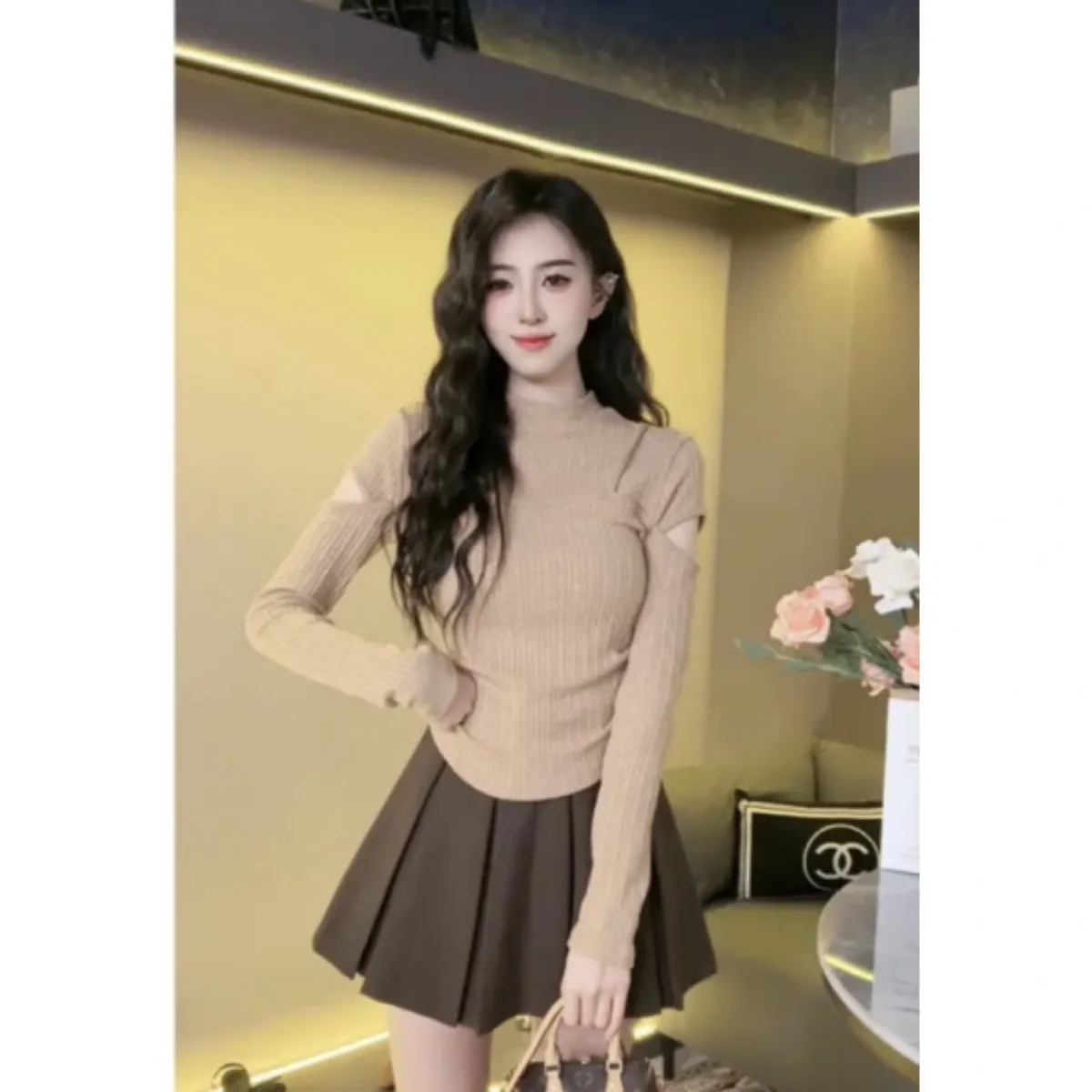 Tmall quality design hollow long-sleeved sweater for women early autumn new slim slim half turtleneck top