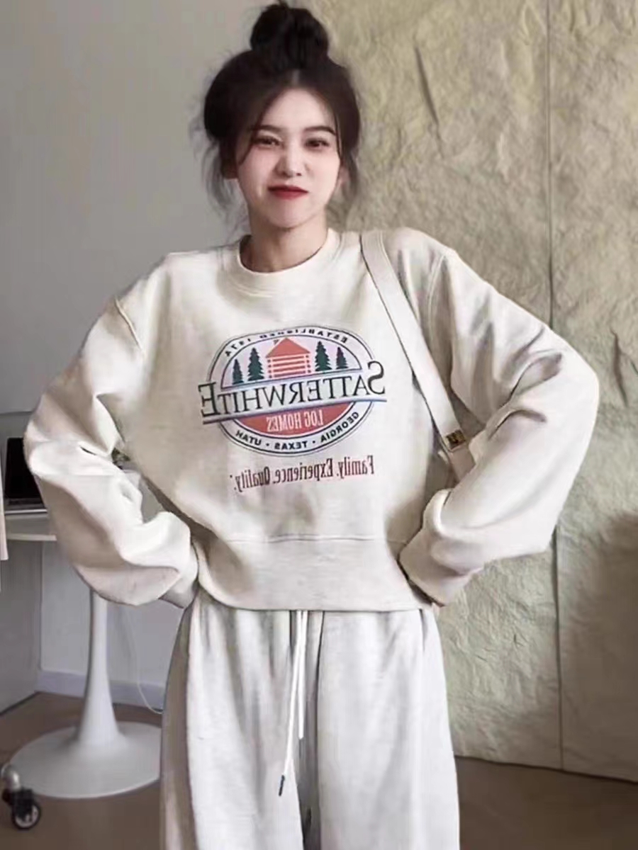 純棉複合 小個子短款衛衣女秋冬裝寬鬆慵懶風長袖圓領上衣