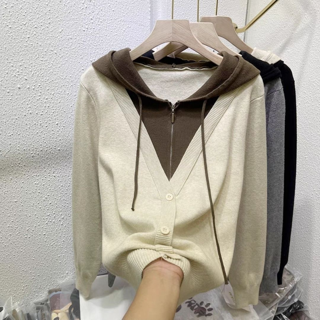 高品質假兩件毛衣女2023新款連帽衛衣時尚百搭秋冬套頭拼色針織衫