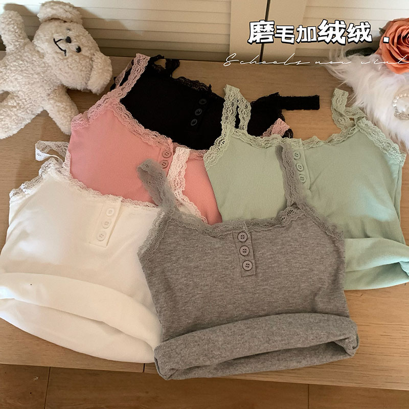 實拍 加絨加厚吊帶蕾絲拼接純欲風性感背心帶胸墊內搭上衣