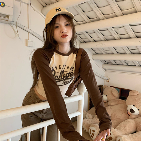 時尚美式復古短款T恤女秋季修身百搭長袖內搭打底衫ins辣妹上衣潮
