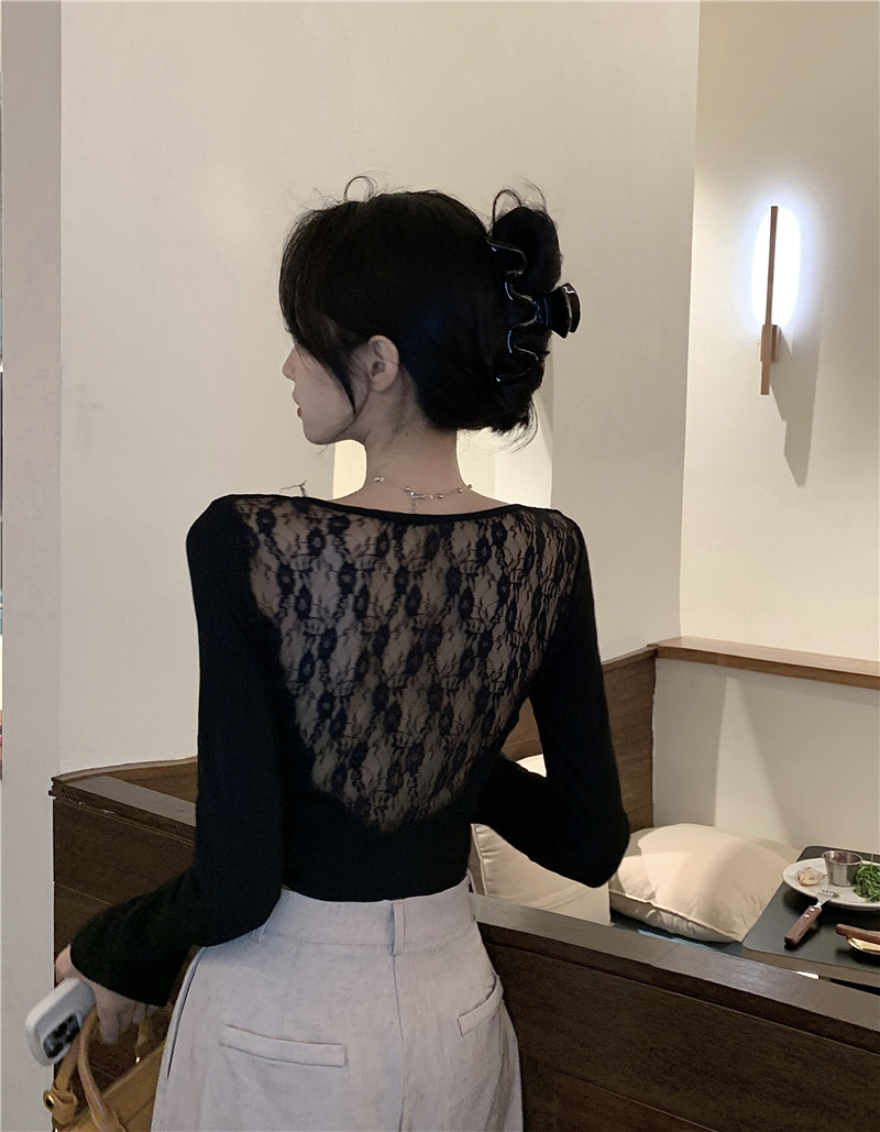 實拍~心機感洋氣辣妹拼接蕾絲鏤空打底T恤長袖短款顯瘦上衣