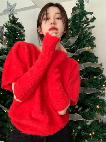 实拍 3色/韩国秋冬新款圣诞季圆领修身短袖针织+袖套女上衣