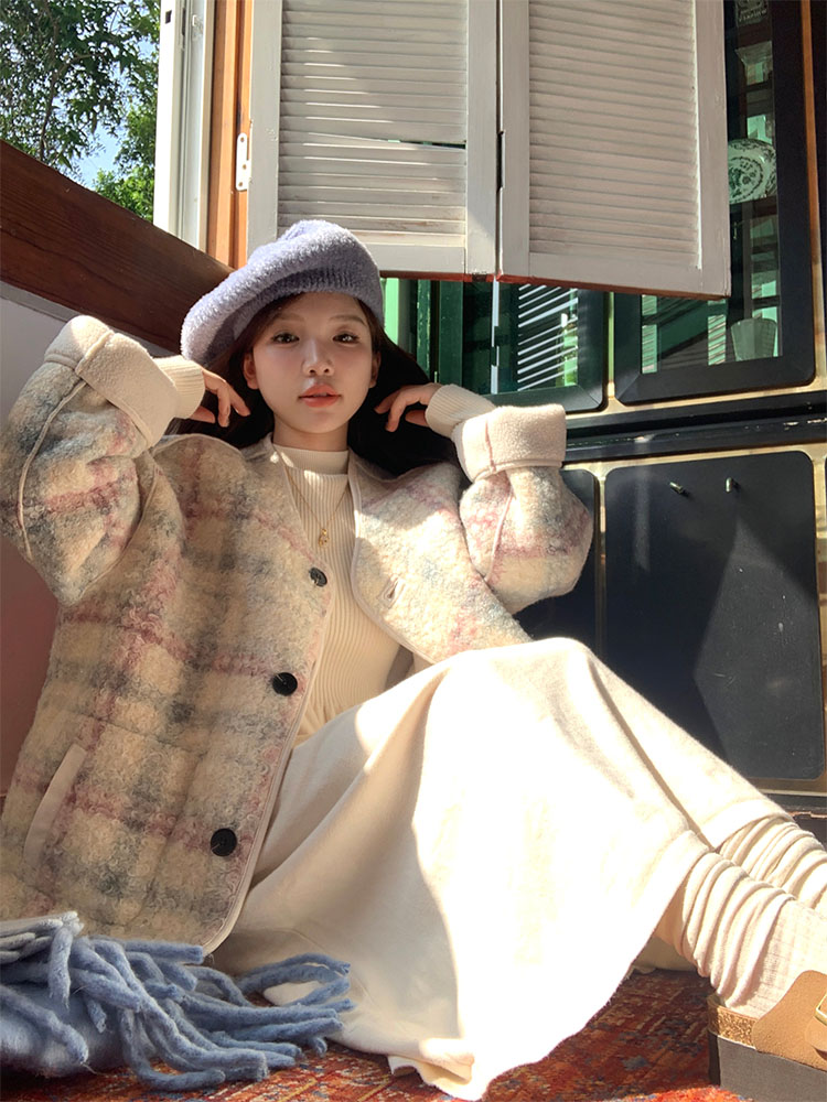 實拍 秋冬韓chic元氣少女格子顆粒感羊羔毛雙面穿保暖+針織裙