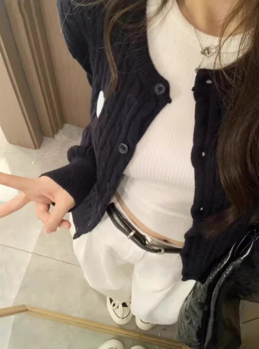 Navy Blue Knitted Cable-Knit Mini Cardigan for Women |  Autumn/Winter New Arrival | Lazy-Style Korean-Design Short Sweater Coat Top