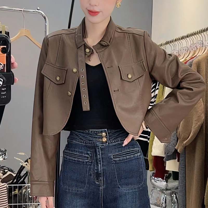 加內襯美拉德短款辣妹PU皮棕色皮衣外套女秋季寬鬆顯瘦夾克上衣