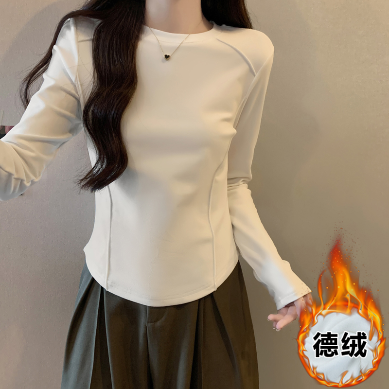 實拍白色圓領德絨打底衫女秋冬加厚長袖t恤修身短款魚骨上衣