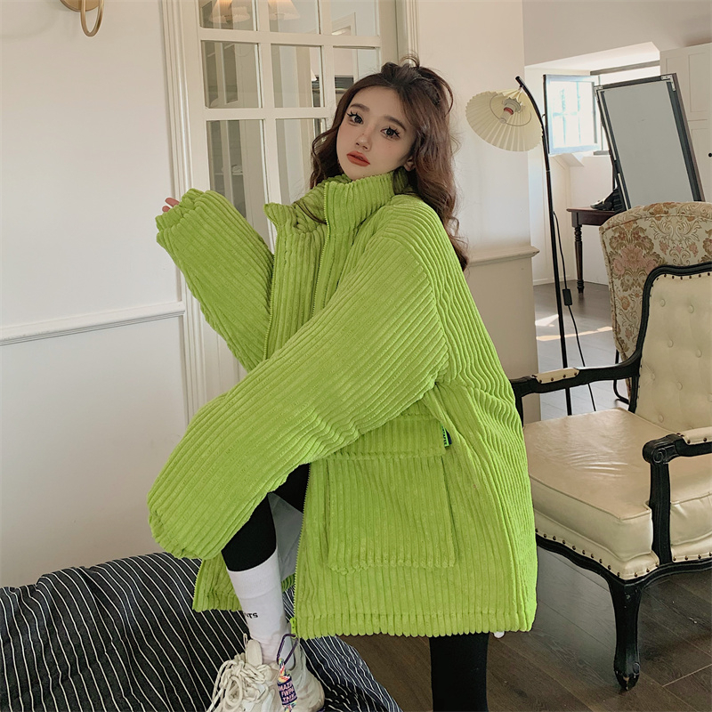 綠色燈芯絨棉服女2023年新款棉襖小個子冬裝加厚工裝派克棉衣外套