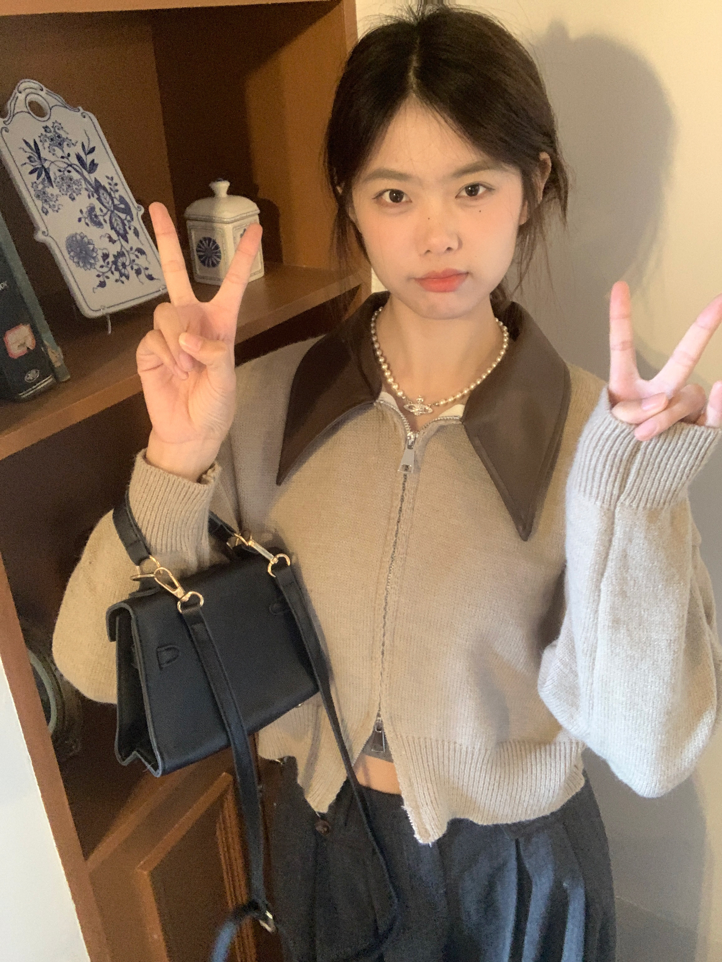 實拍polo領拼接長袖毛衣外套女裝秋冬復古雙拉鏈短款針織開衫