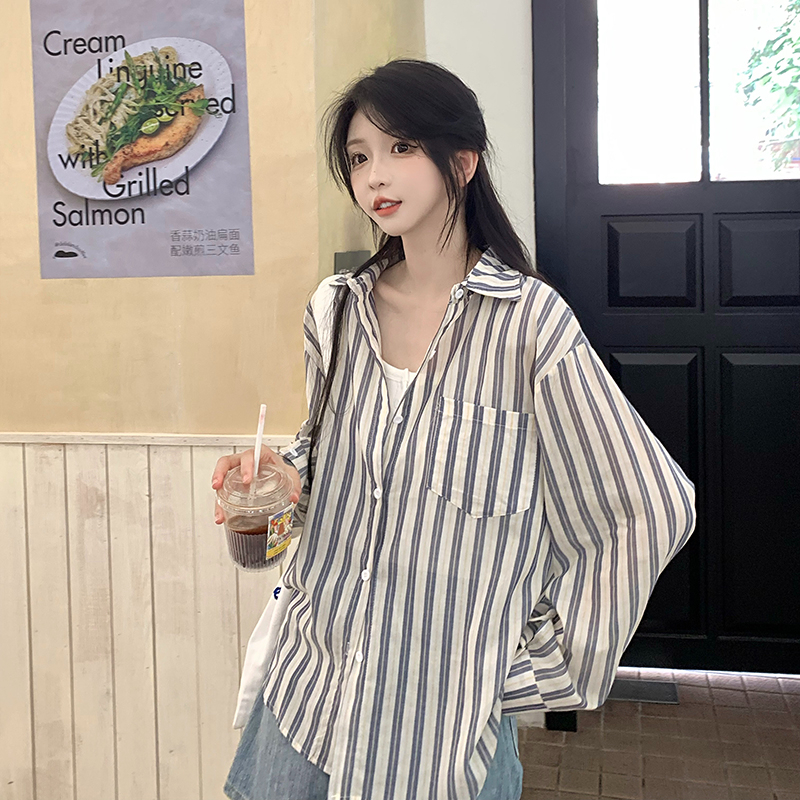 實拍藍色條紋襯衫女秋季新款寬鬆慵懶顯瘦POLO領上衣