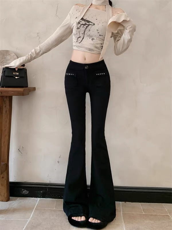 黑色復古重工鉚釘牛仔褲女秋季低腰彈力修身直筒微喇叭拖地長褲子
