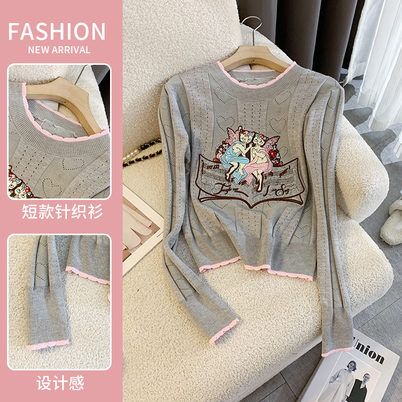 實拍設計感重工刺繡卡通長袖毛衣2023秋冬新款修身圓領短款針織女
