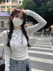 Right shoulder long sleeve t-shirt bottoming shirt for women autumn sweet hottie tight short printed butterfly inner layering slimming top for winter