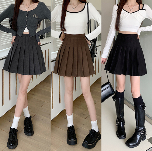 Real shot ~ Large size fat autumn and winter versatile woolen skirt for women with high waist and slimming A-line pleated short skirt