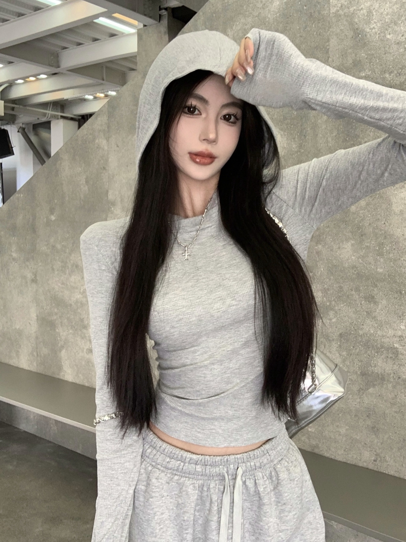 實拍秋冬辣妹風螺紋連帽打底衫女設計感休閒顯瘦內搭長袖上衣
