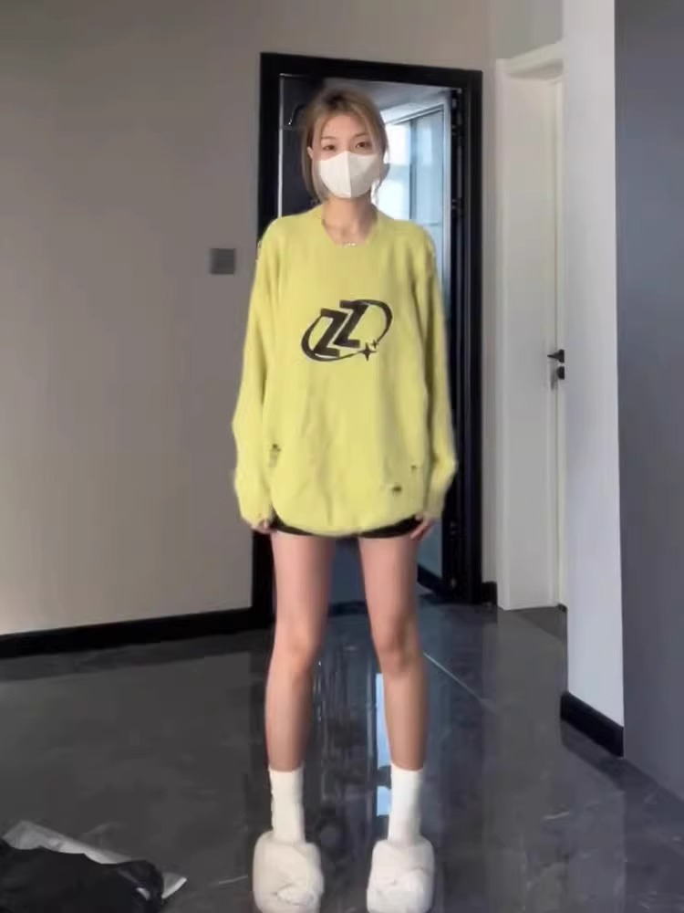 仿貂#復古美式百搭破洞套頭毛衣女2023秋冬季別致小眾設計感針織