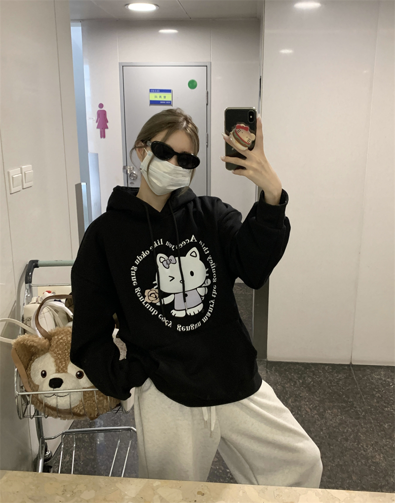 實拍~原創  慵懶卡通趣味可愛印花加絨寬鬆衛衣