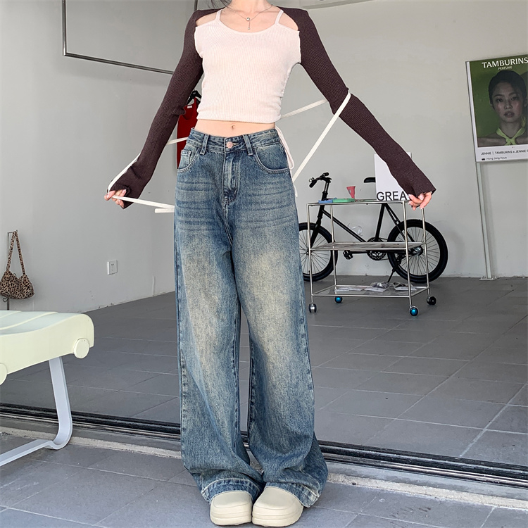 實拍 高腰皮牌設計感牛仔褲女 寬鬆藍色直筒褲拖地褲長褲