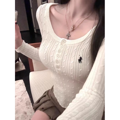 小蠻腰 羊毛修身上衣女秋冬設計感長袖刺繡麻花針織衫
