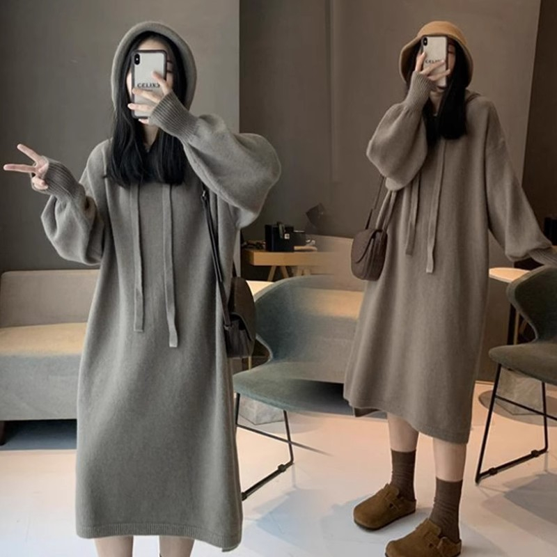 Loose and slim belly and flesh hooded sweatshirt dress knitted base dress