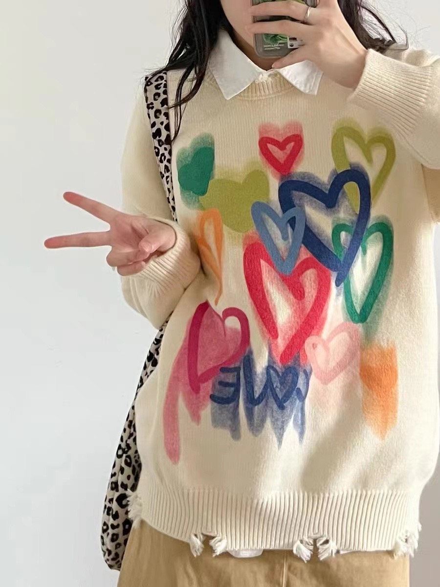 外穿慵懶風毛衣女寬鬆韓系復古軟糯彩色愛心圓領套頭破洞針織衫