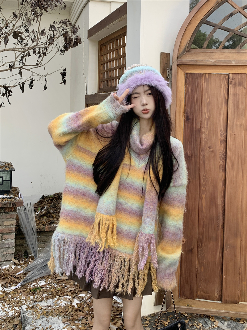 實拍  彩虹漸變針織衫軟糯慵懶風撞色條紋毛衣上衣圍巾帽子