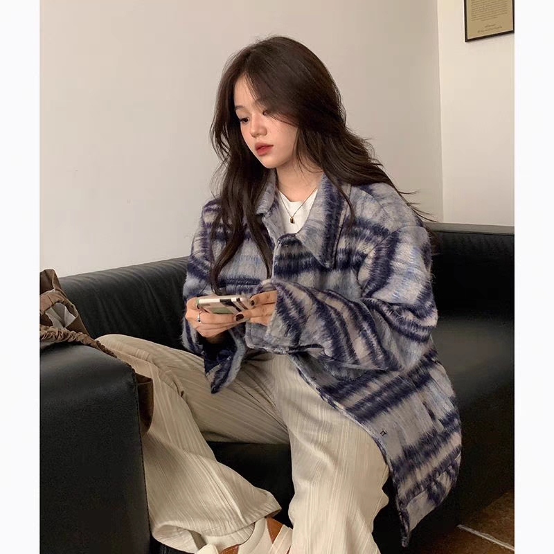 Wool plaid jacket autumn and winter Korean style small fragrant jacket trendy brand ins loose street shirt women's niche fashion