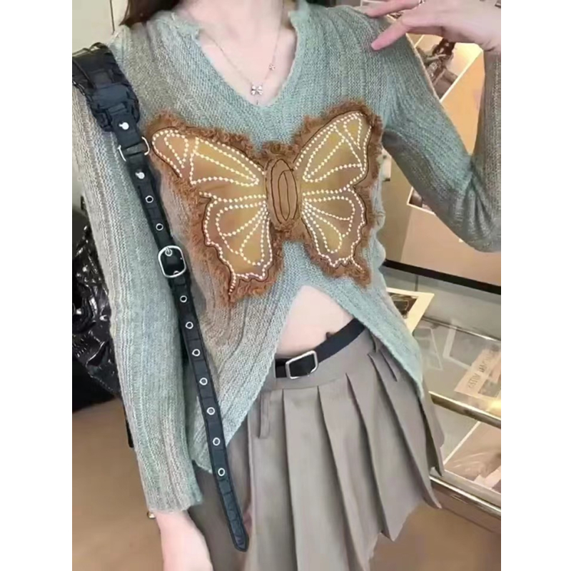 辣妹開叉修身長袖針織衫女裝秋季新款蝴蝶設計感顯瘦打底毛衣上衣