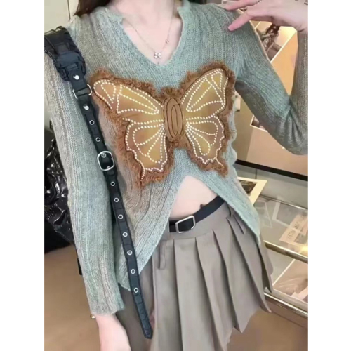 辣妹开叉修身长袖针织衫女装秋季新款蝴蝶设计感显瘦打底毛衣上衣