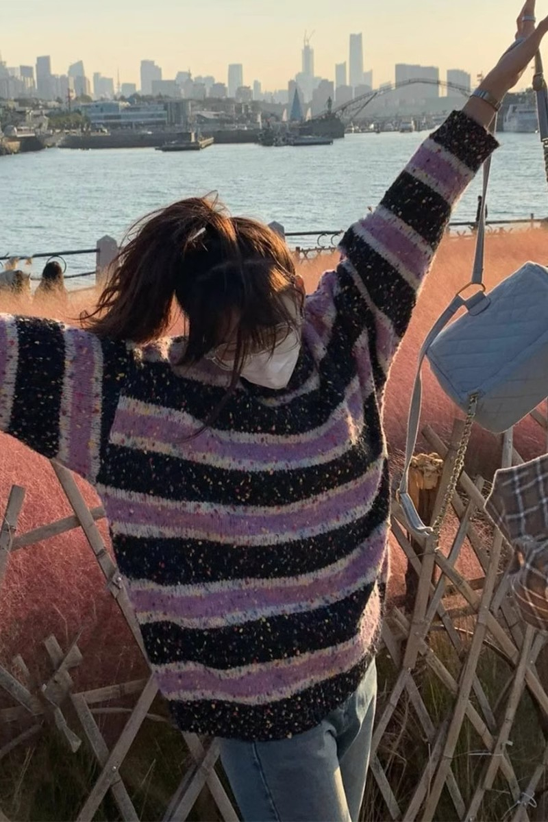 加厚版！慵懶風彩點撞色條紋毛衣女秋冬新款寬鬆長袖針織衫上衣潮