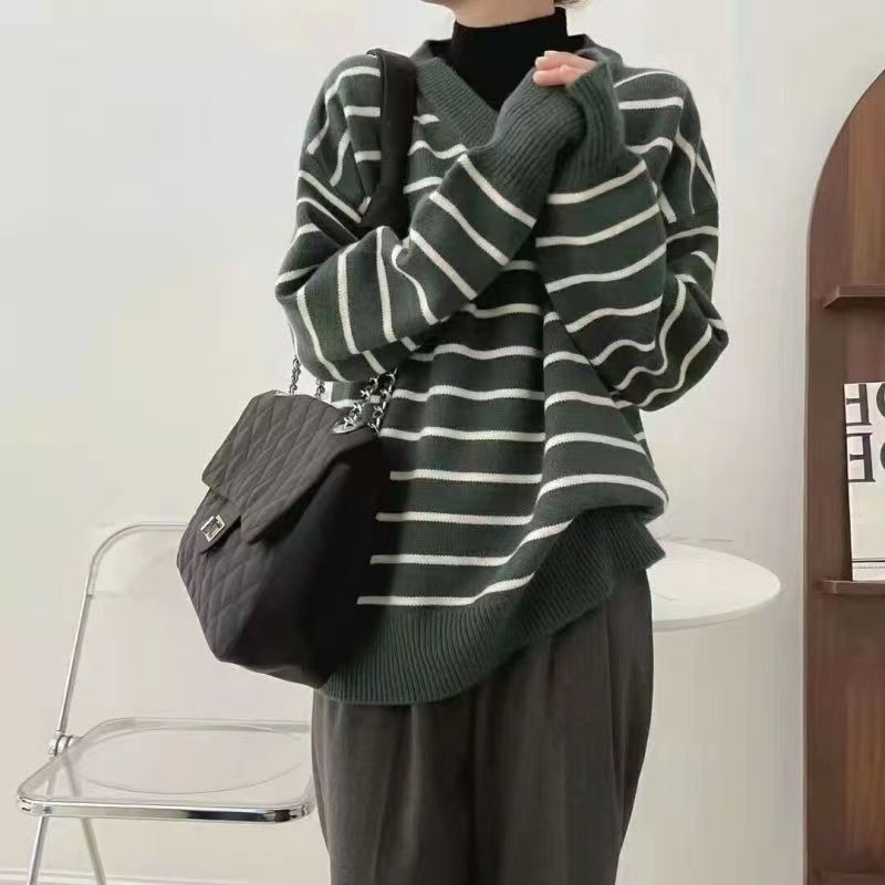 2023秋冬新款條紋假兩件毛衣女寬鬆顯瘦套頭內搭針織衫打底衫上衣
