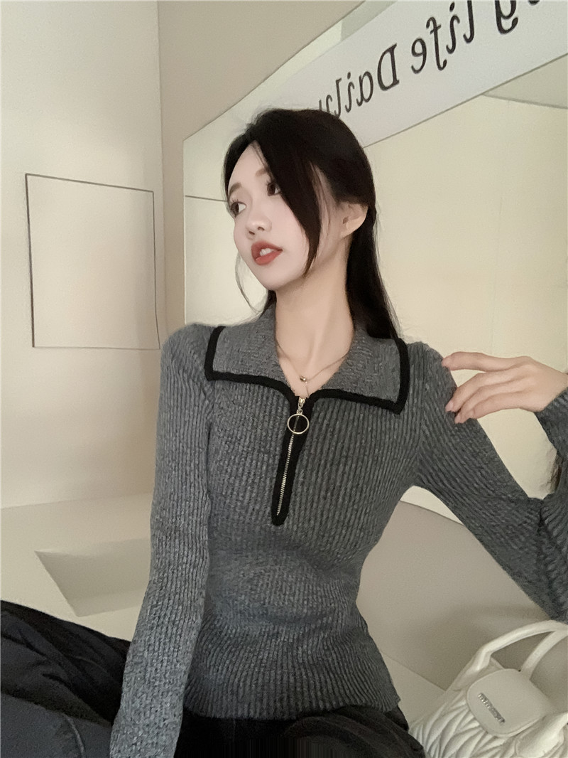 實拍~復古氣質翻領針織衫修身秋冬內搭長袖打底毛衣上衣