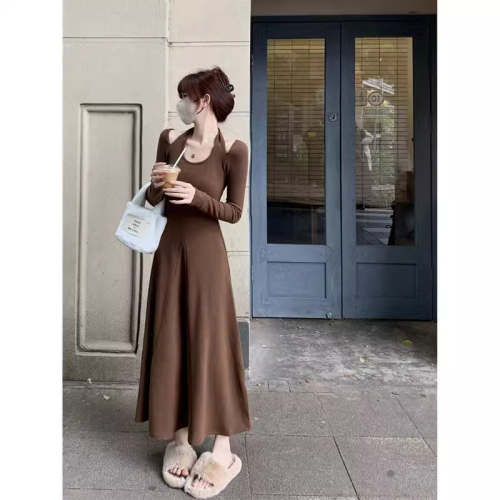 DeRong Korean style slim long-sleeved halterneck dress design long skirt women's autumn bottoming skirt