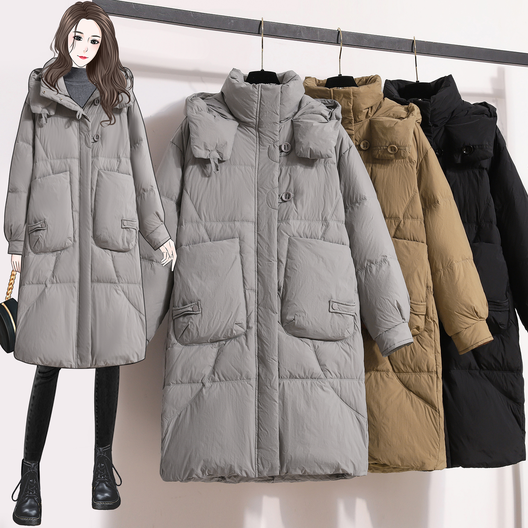 9901實拍加厚90白鴨絨羽絨服女冬季連帽純色中長款歐貨外套