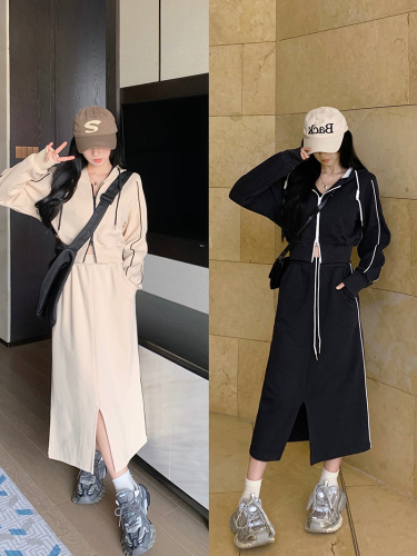 Actual shot~Large size double zipper hooded jacket for women + high waist tie front slit skirt two piece suit