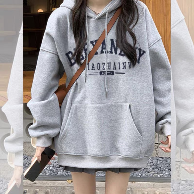 淺灰色連帽衛衣女2023新款秋冬季純棉百搭設計感加絨加厚外套