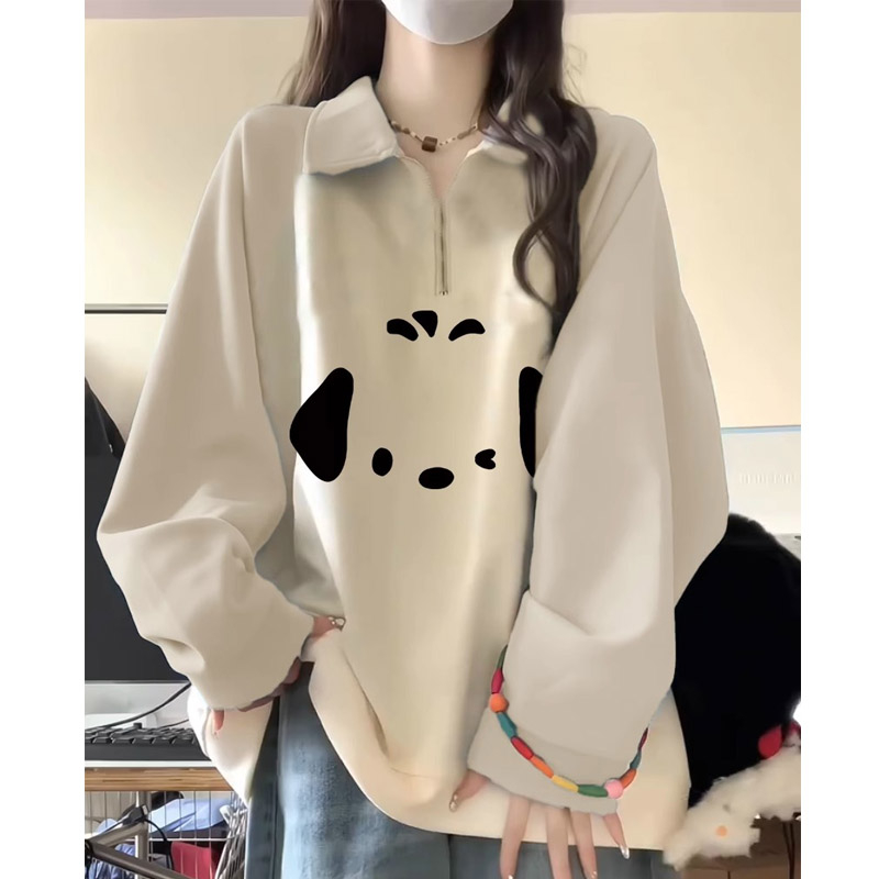 Original workmanship polo collar sweatshirt for women autumn and winter 2023 new style small artistic long-sleeved top trendy