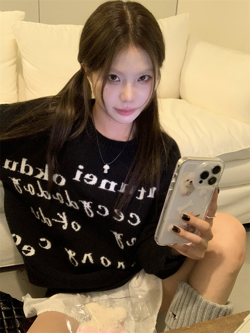 實拍~原創 美式慵懶簡約字母寬鬆長袖毛衣