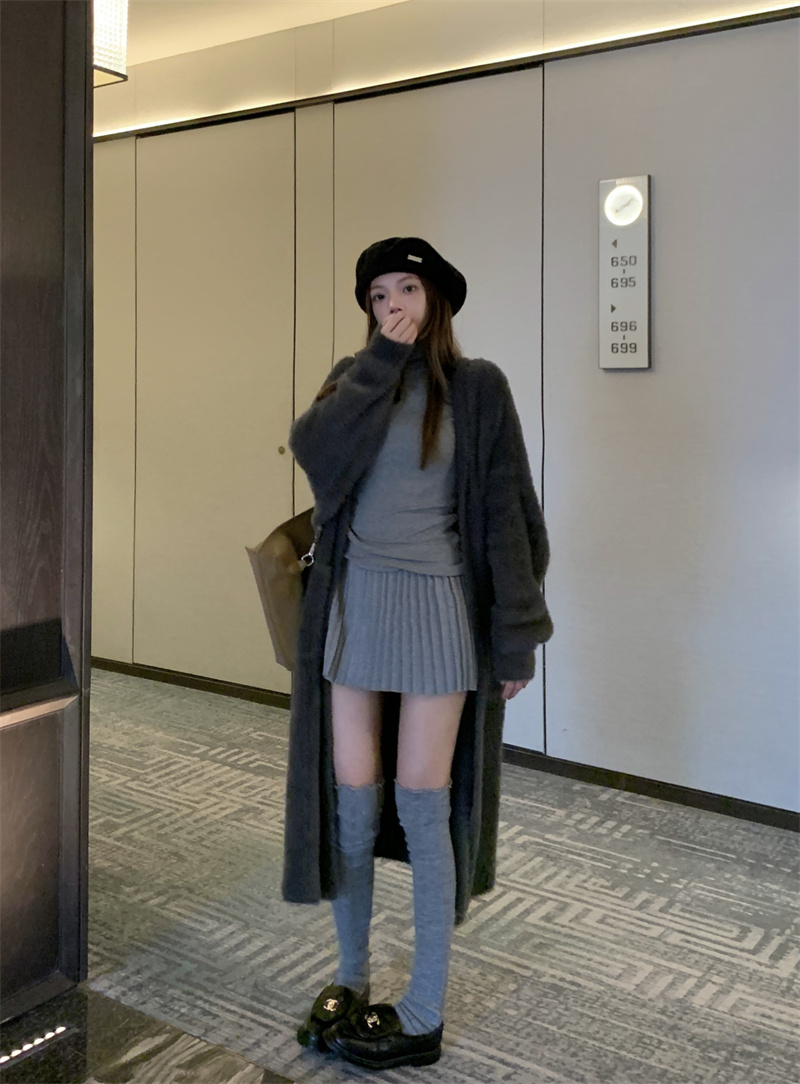 實拍~2023韓版慵懶風中長款毛衣開衫外套+百褶減齡顯瘦半身裙