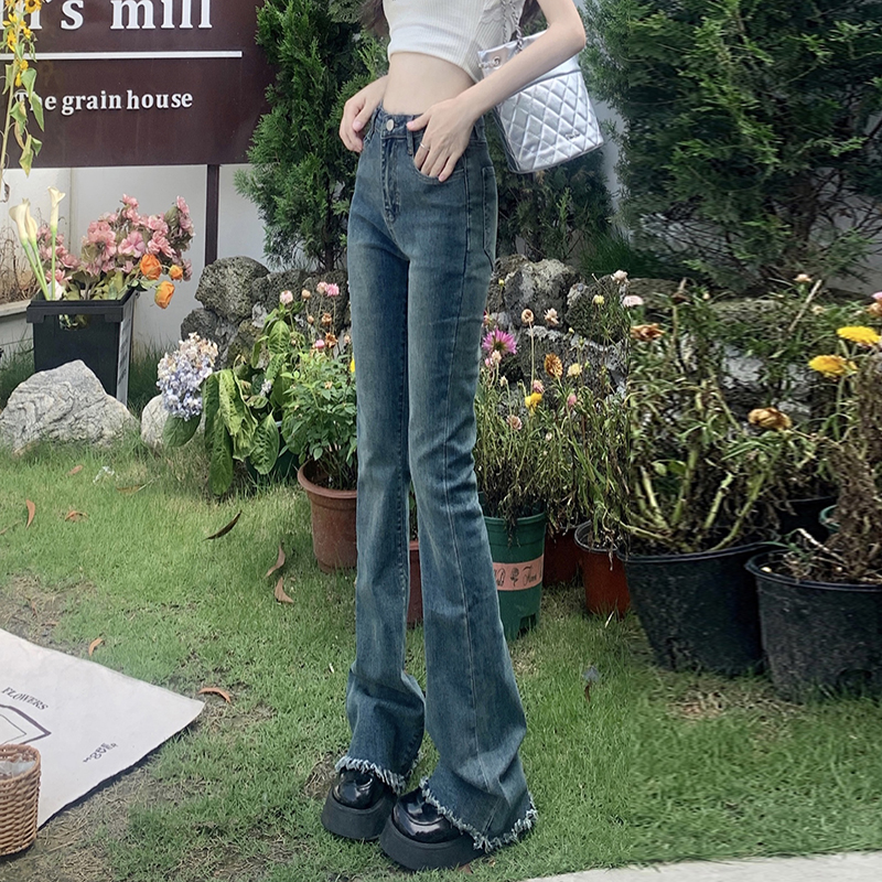 美式辣妹百搭修身顯瘦提臀高腰彈力喇叭牛仔褲女潮i&長褲加長
