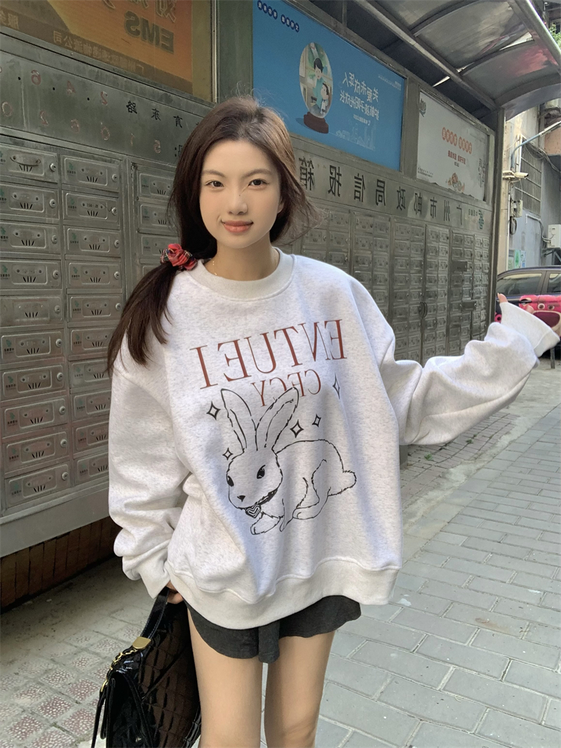 實拍~原創 韓系可愛兔子印花寬鬆加絨長袖衛衣