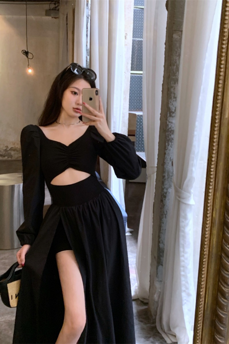 Black square neck slit dress autumn French retro Hepburn style design niche temperament long skirt women's clothing