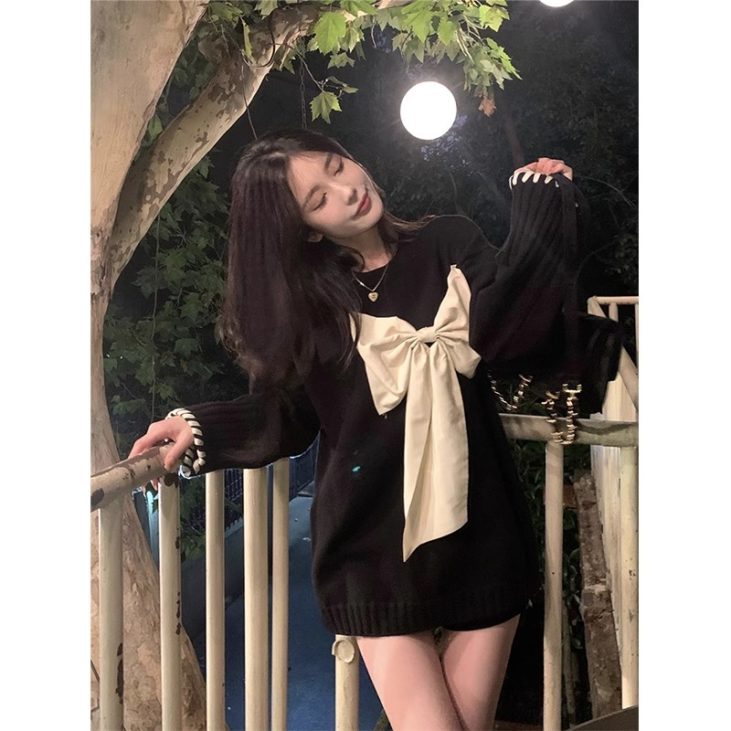 黑色針織上衣設計感小眾復古日系慵懶風2023新款蝴蝶結毛衣女秋冬