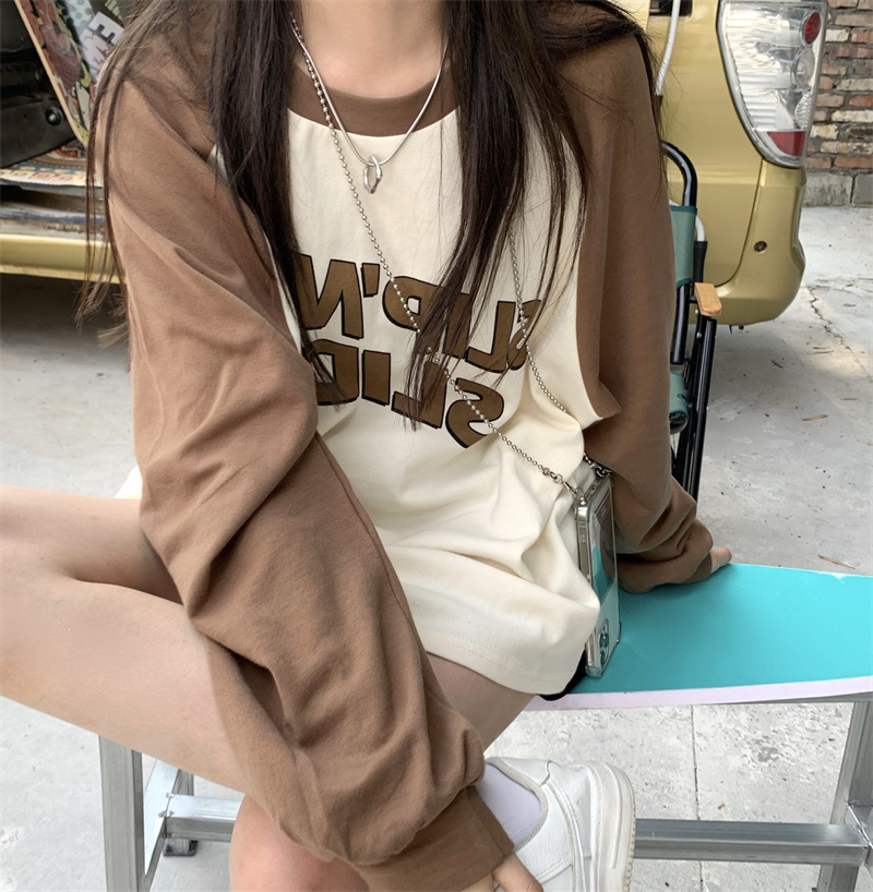 撞色圓領長袖套頭衛衣女春秋季韓版寬鬆bf慵懶風百搭無帽字母上衣