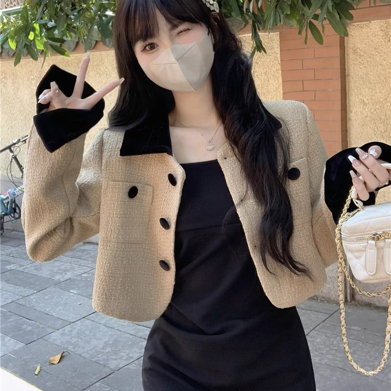 秋季2023新款小香風氣質修身設計感粗花呢外套吊帶連衣裙兩件套女