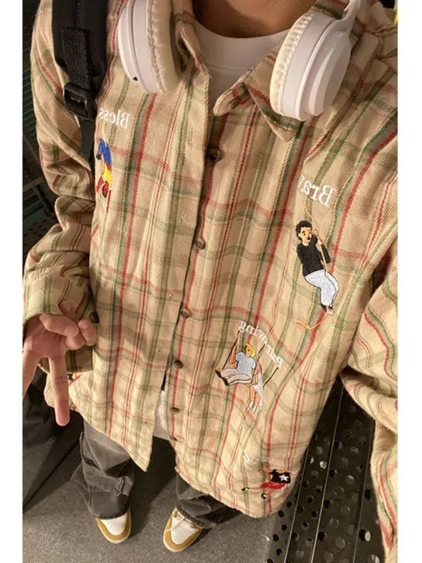 新款美式復古長袖格子襯衫外套女男秋冬加厚寬鬆刺繡百搭襯衣夾克