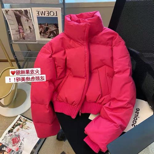 Rose Red Stand Collar Short Bread Jacket Women's Trendy Winter 2023 New Fashionable Sweet Versatile Western Style Cotton Jacket