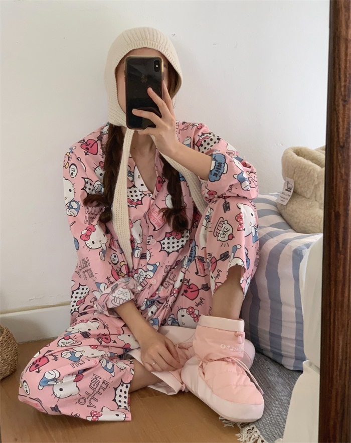 已保護~ins韓國秋冬可愛KT印花卡通長袖長褲睡衣套裝家居服少女