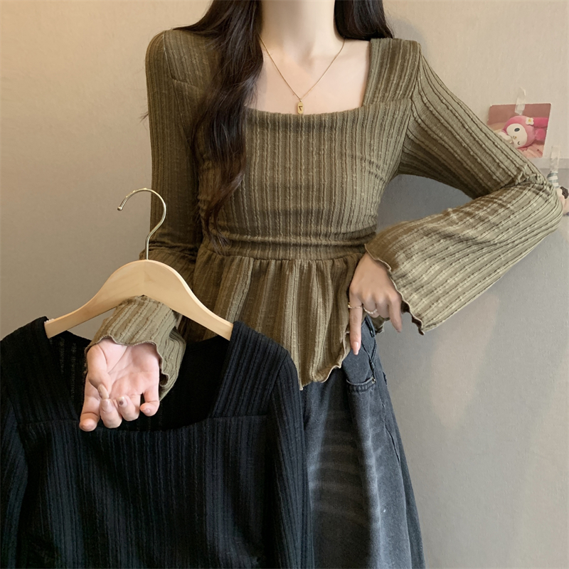實拍 方領長袖t恤女小個子純欲修身收腰上衣內搭短款喇叭袖打底衫