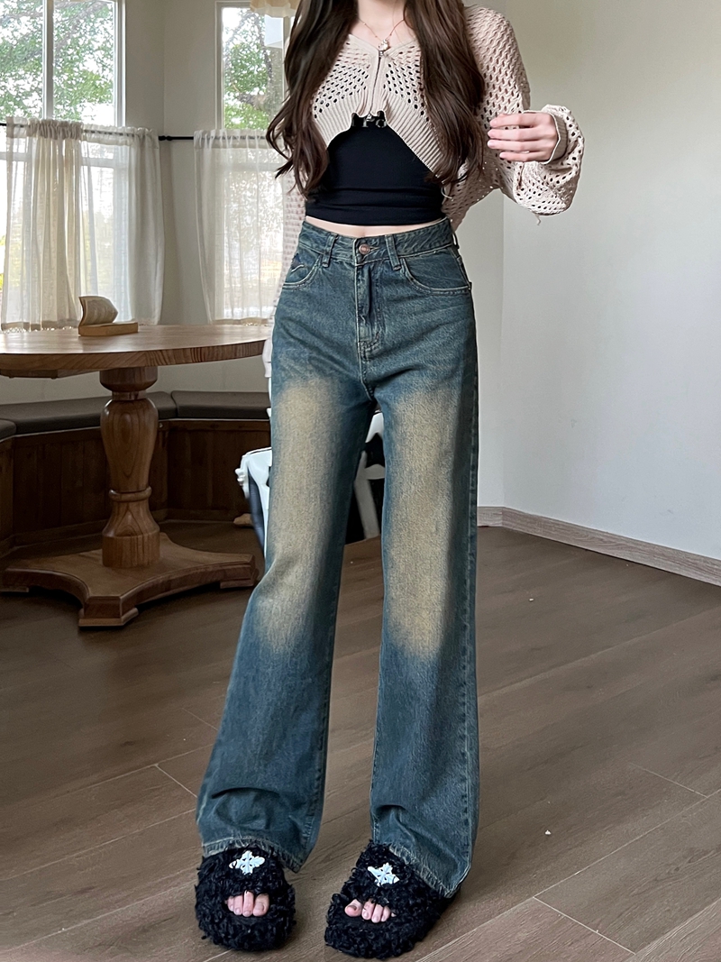 實拍#復古做舊闊腿牛仔褲女設計感高腰顯瘦直筒垂感拖地褲子